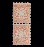 ✅ (S35) Germania veche - Bavaria/Bayern 1873 " Stema embosata " 9Kr pereche V, Mi. 28y filigran diamant 15-17mm, cota 40 &euro; , MVLH