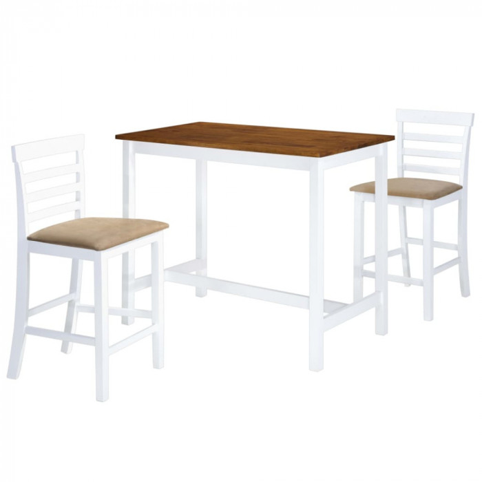 Set masa si scaune de bar, 3 piese, lemn masiv, maro si alb