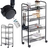 Raft metalic mobil tip carucior pentru bucatarie, 4 polite si 4 agatatori, negru, 44x26x84cm