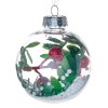 Glob Brad de Crăciun, 8 cm, Transparent, Frunze Verzi, Bile Roșii, Glitter, Oem