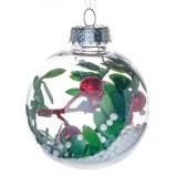 Glob Brad de Crăciun, 8 cm, Transparent, Frunze Verzi, Bile Roșii, Glitter, Oem