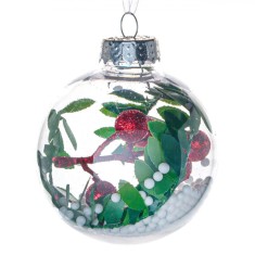 Glob Brad de Crăciun, 8 cm, Transparent, Frunze Verzi, Bile Roșii, Glitter