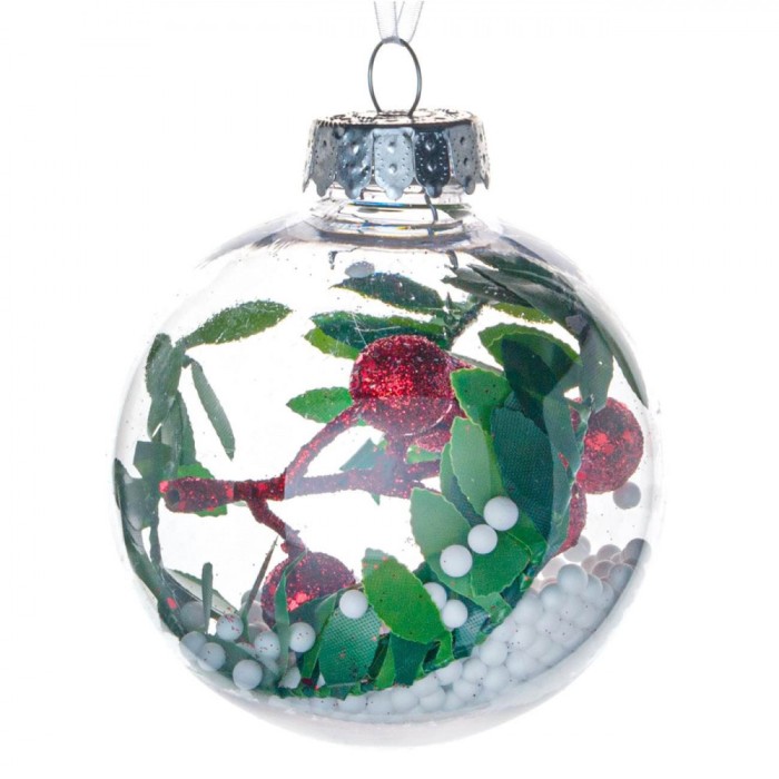 Glob Brad de Crăciun, 8 cm, Transparent, Frunze Verzi, Bile Roșii, Glitter