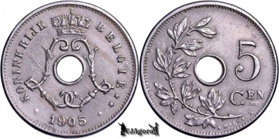 1905, 5 Centimes - Leopold al II-lea - Regatul Belgiei - inscripție olandeză foto