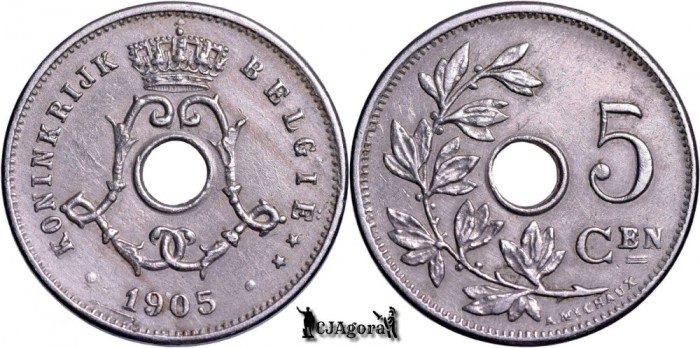 1905, 5 Centimes - Leopold al II-lea - Regatul Belgiei - inscripție olandeză