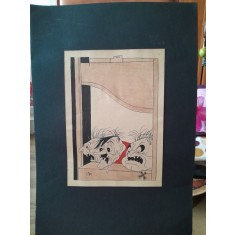 Caricatura, desen original in penita si ceracolor, semnata Iosif Ross 1899 - 1974, cu paspartu