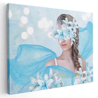Tablou femeie cu crini albastri pe ochi flori, alb albastru 1356 Tablou canvas pe panza CU RAMA 50x70 cm foto