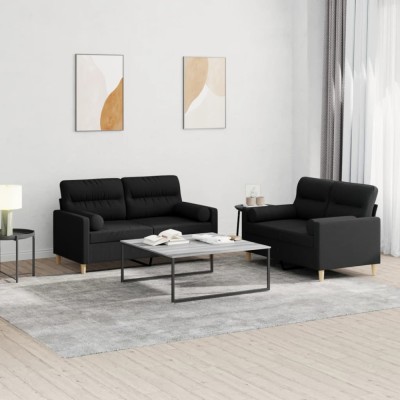 vidaXL Set de canapele cu perne, 2 piese, negru, material textil foto