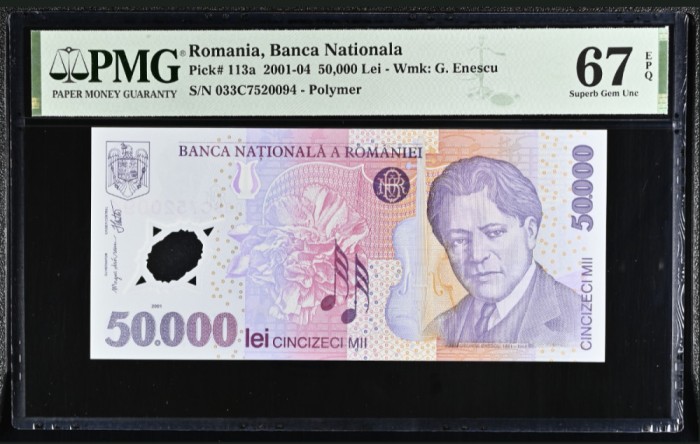 50000 lei 2003 PMG67 UNC bancnota gradata