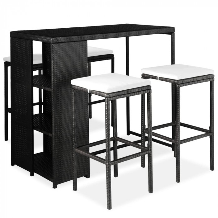 vidaXL Set mobilier bar de grădină cu perne, 5 piese, negru, poliratan 3064914