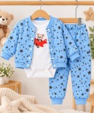 Cumpara ieftin Costum bebe băieți 3 piese albastru cu imprimeu stelute și ursuleț din bumbac