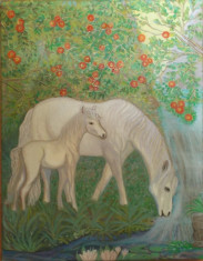 Cai albi la izvor, pictat in ulei pe panza, 35x45 cm, cu sasiu din lemn foto
