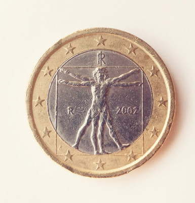 Moneda rara de 1 Euro din Italia - anul 2002 - Omul Vitruvian foto