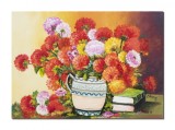 Tablou carafa cu crizanteme si carti pictat manual, 70x50cm pictura ulei pe panza