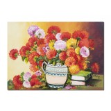 Tablou carafa cu crizanteme si carti pictat manual, 70x50cm pictura ulei pe panza