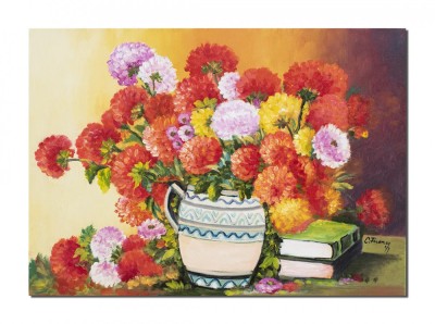 Tablou carafa cu crizanteme si carti pictat manual, 70x50cm pictura ulei pe panza, Constantin Feraru foto