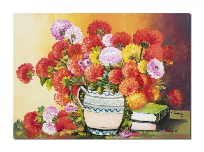 Tablou carafa cu crizanteme si carti pictat manual, 70x50cm pictura ulei pe panza, Constantin Feraru