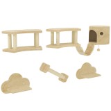 PawHut Set de cățărat pentru pisici, 5 piese, cu st&acirc;lp pentru zg&acirc;riat, platforme de săritură, scară, căsuță, montare pe perete, bej | Aosom Romania