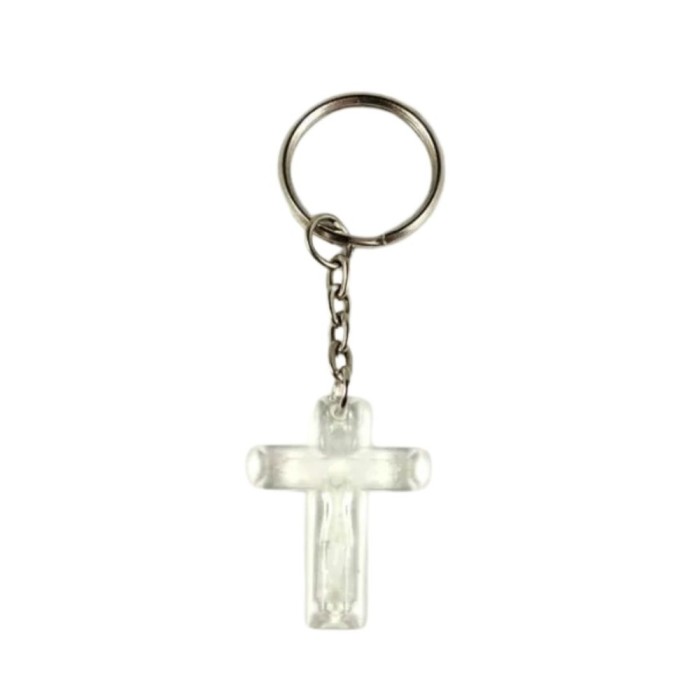 Breloc cu cruce din plastic transparent, cu gravura si inel metalic argintiu, 8 x 2 cm