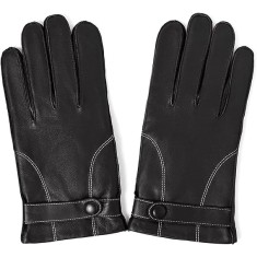 Manusi Barbati din Piele de Miel Naturala Touchscreen - Captusite, Calduroase, pentru Iarna, Condus, Motocicleta, Negru si Alb, S Negru 20.5 cm