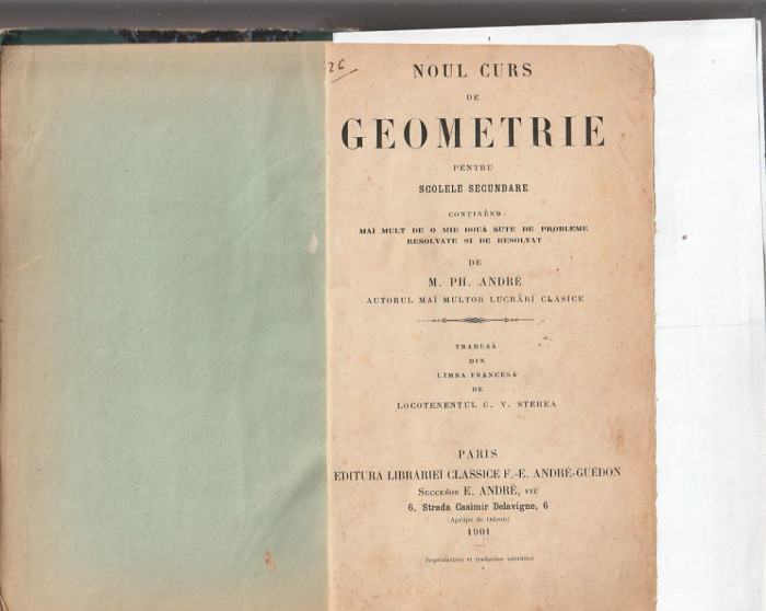 M. PH. ANDRE - NOUL CURS DE GEOMETRIE PENTRU SCOLELE SECUNDARE ( 1901 ) RELEGATA