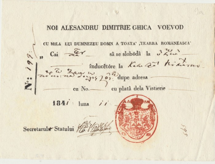 Valahia 1841 inam litere latine sigiliul voievod Al. D. Ghika curier 4 cai la Calafat semnat Secretarul statului C-tin Cantacuzino, viitor caimacam