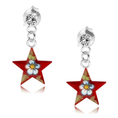 Cercei din argint 925, stea roșie cu floare colorată, cristal foto
