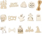 Set 14 decoratiuni de Halloween Jingyukj, lemn, alb, 3m