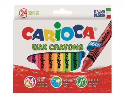 Creioane Cerate, Rotunde, Lavabile, D-12mm, 24 Culori/cutie, Carioca Wax Crayon Maxi foto