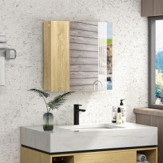 Kleankin Dulap cu oglinda pentru baie cu montaj pe perete, dulap pentru baie cu oglinda, usi duble si rafturi de depozitare, natural