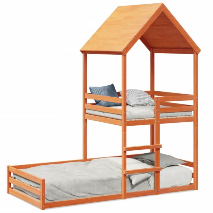 vidaXL Pat supraetajat cu acoperiș maro ceruit 80x200cm lemn masiv pin