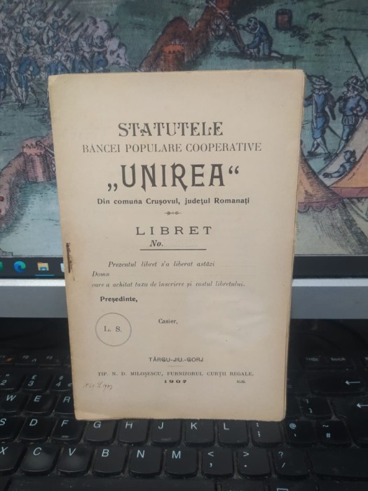 Statutele Băncei Populare Cooperative Unirea din comuna Crușovul jud. Romanați, azi satul Crușovu din comuna Brastavățu, jud. Olt, T&acirc;rgu Jiu 1907, 013