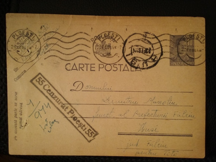 1944-C.P.circ.-CENZURAT-Ploiesti 55-Stamp.Ploiesti-Husi