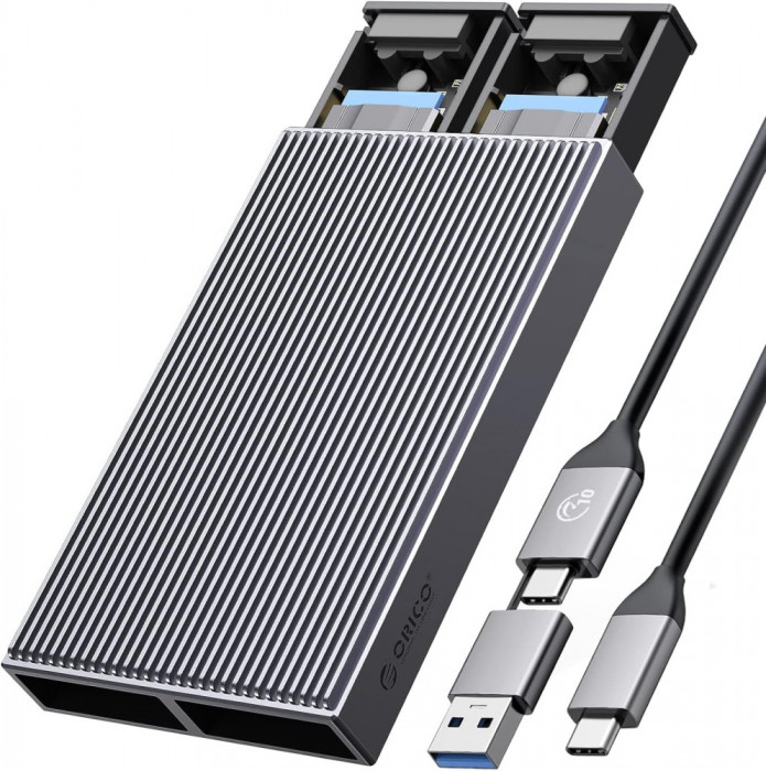 ORICO Dual M.2 NVMe SATA SSD Enclosure, USB C la M2 adaptor pentru M Key PCIe &amp;