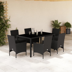 vidaXL Set mobilier de grădină cu perne 7 piese negru poliratan&sticlă