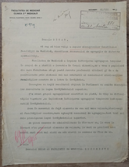 Scrisoare privind concursul de agregatie// 1935, semnat Daniel Danielopolu