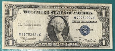 1 DOLLAR 1935 A ,,SILVER CERTIFICATE&amp;quot; STATELE UNITE/(,,M79752924C&amp;quot;) SIGILIU ALBASTRU (BLUE SEAL)! foto