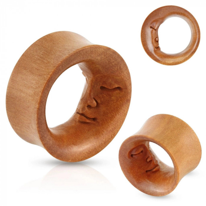 Tunel pentru ureche tip șa - lemn de Sawo, lună sculptată manual pe interior - Diametru piercing: 14 mm