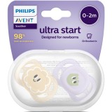 Set 2 suzete Philips Avent Ultra Start SCF075/03, ortodontice, fara BPA, 0-2 luni, bej-lila cu model