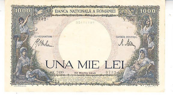 B12 - Bancnota Romania - 1000 lei - emisiune 23 martie 1943