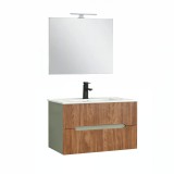 Trent Mobilier de baie 80 cm lavoar ceramic (2 sertare) cu oglindă 60x80 cm stejar verde-oliv-sunset