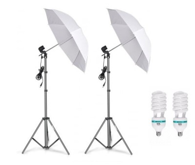 Kit de 2 umbrele albe, 2 trepiezi reglabili 200 cm, 2 becuri 150W foto