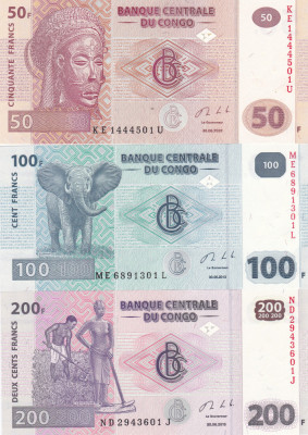 Congo Set 50-100-200 Franc-Cent 2020-2013-2013 UNC foto