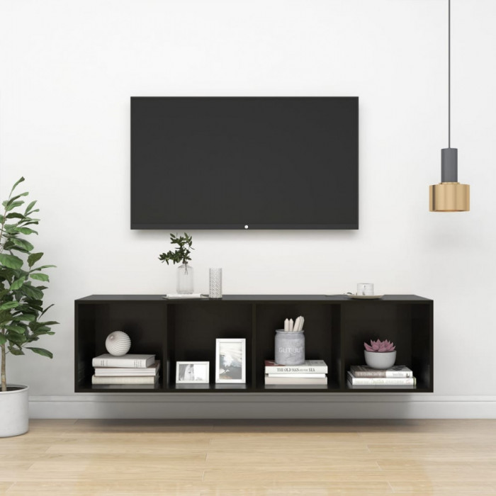Dulap TV montat pe perete, negru extralucios 37x37x142,5 cm PAL GartenMobel Dekor