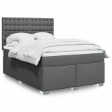 VidaXL Pat box spring cu saltea, gri &icirc;nchis, 140x200 cm, textil