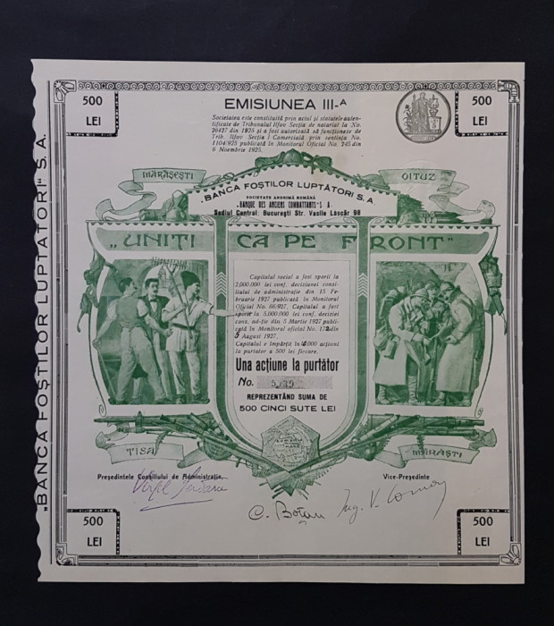 Actiune 1927 Banca fostilor luptatori , titlu , actiuni