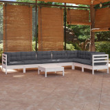 VidaXL Set mobilier de grădină cu perne, 8 piese, alb, lemn masiv pin
