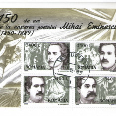 Romania 2000 - 150 de ani de la nașterea poetului Mihai Eminescu, bloc stampilat