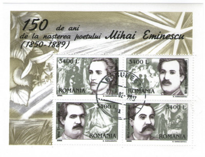 Romania 2000 - 150 de ani de la nașterea poetului Mihai Eminescu, bloc stampilat foto