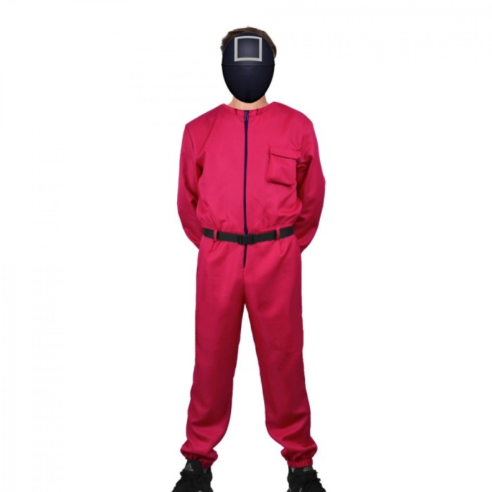 Costum pentru adulti, Jocul Calamarului, model Patrat, marimea L, rosu, centura inclusa